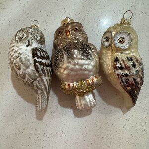 3 Glass Owl Christmas Ornaments - Woodland Creatures - Blown Glass Glitter
